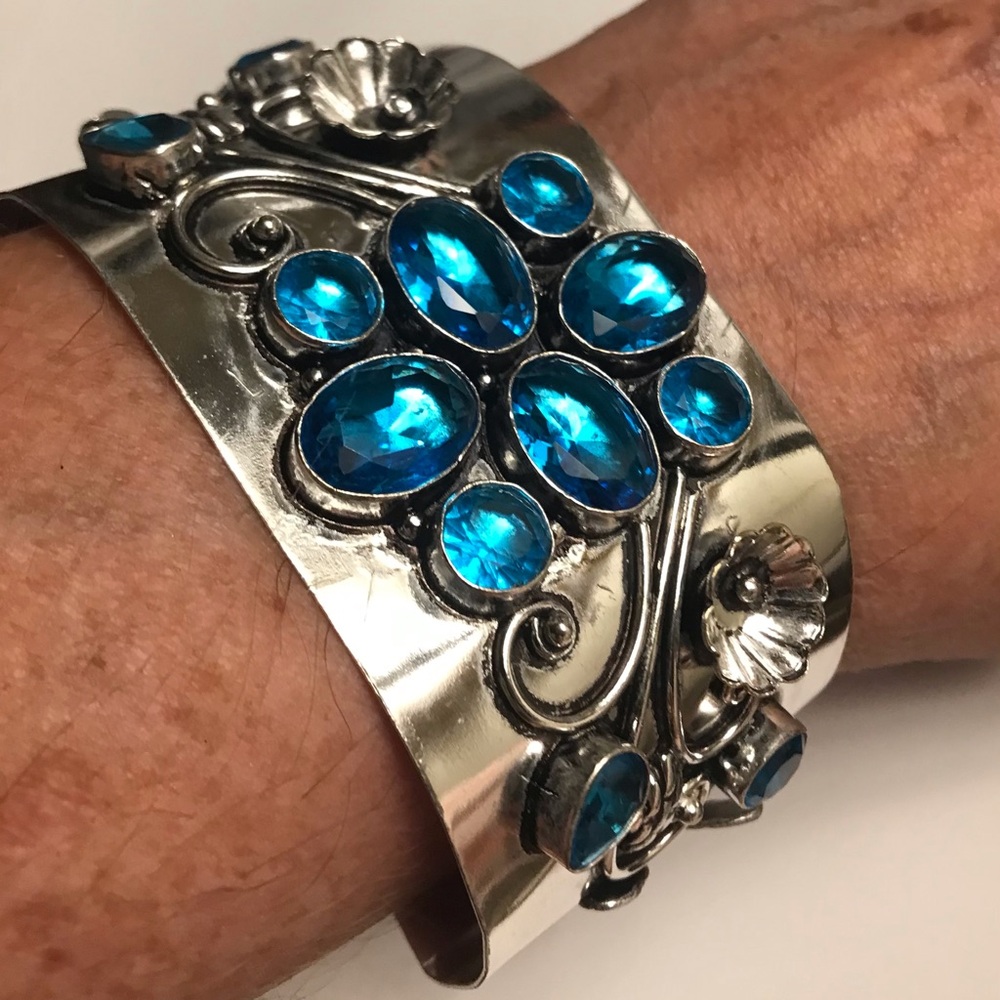 Blue Topaz Stamped 925 Sterling Silver Cuff Bracelet